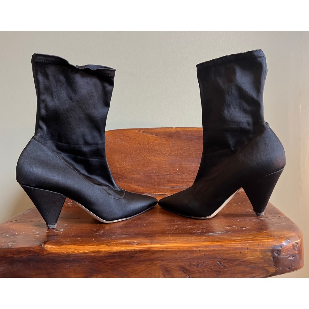 Steven by Steve Madden Black Satin Pointed‎ Toe Cone Heel Sock Boots Italy 39 - Picture 3 of 7